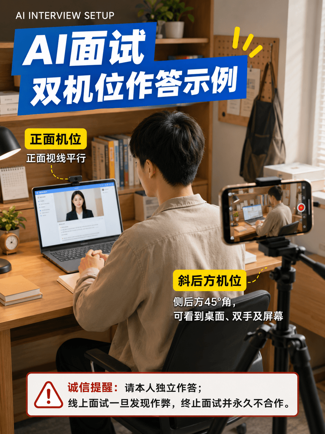 AI 面试双机位摆放示例:电脑位于正面,手机固定在侧后方约 45 度位置